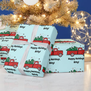 Pickup Truck with Christmas Tree Name Customise Wrapping Paper