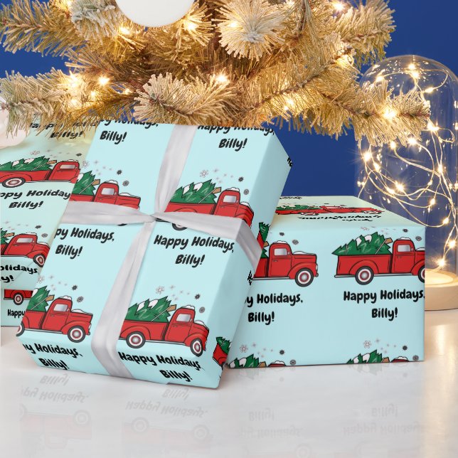 Pickup Truck with Christmas Tree Name Customise Wrapping Paper (Holidays)