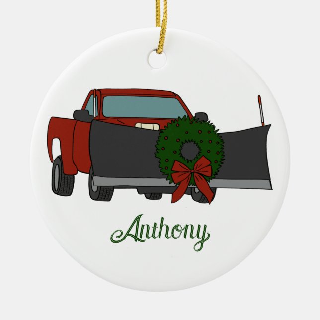Pickup Truck with Snowplow and Christmas Wreath Ceramic Ornament (Front)
