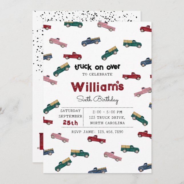 Pickup Trucks Cute Vehicles Kids Birthday Party In Invitation (Front/Back)