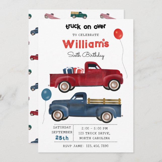 Pickup Trucks Cute Vehicles Kids Birthday Party Invitation (Front/Back)