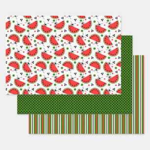 Picnic Ant Peeking Watermelon Polka Dot Striped Wrapping Paper Sheet