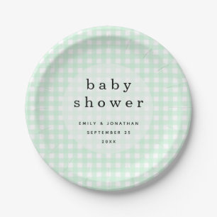 Picnic Baby Shower Names Date Green Gingham Paper Plate