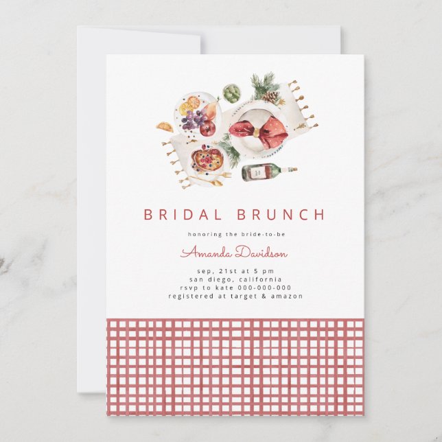 Picnic BBQ Red Plaid Watercolor Bridal Brunch Invitation (Front)