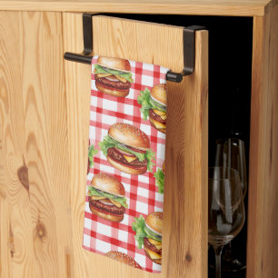 Picnic Burger Delight Retro Gingham & Cheeseburger Tea Towel