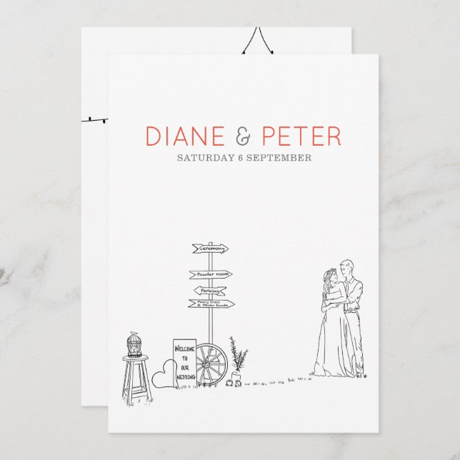 Picnic Garden Minimalist Black and White Wedding Invitation (Front/Back)