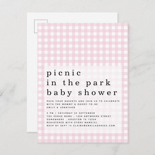 Picnic In Park Baby Shower Pink Gingham Invitation Postcard (Front/Back)