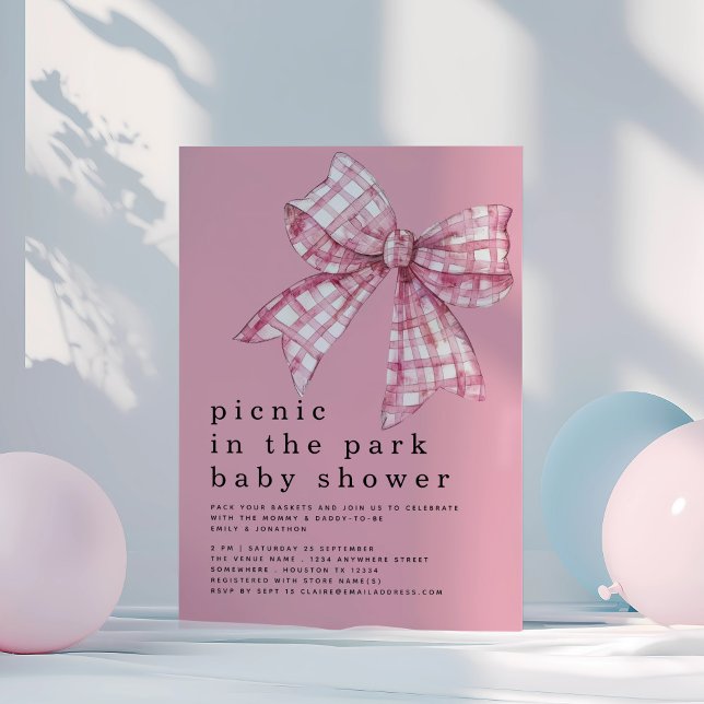 Picnic in Park Pink Gingham Bow Baby Shower Invitation (Creator Uploaded)