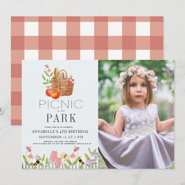 Picnic in the Park Basket Floral Birthday Photo Invitation (Front/Back)