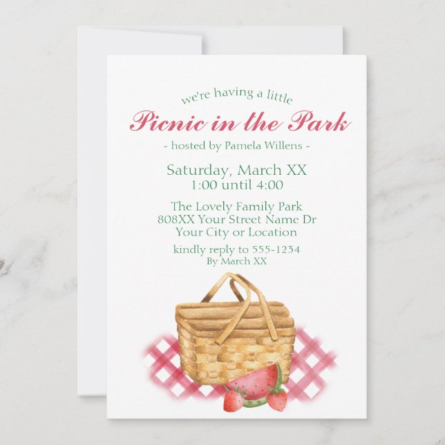 Picnic in the Park cute Watercolor Basket Invitation (Front)