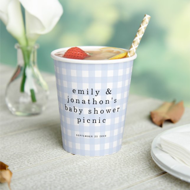 Picnic Park Names Date Baby Shower Blue Gingham Paper Cups (Insitu)