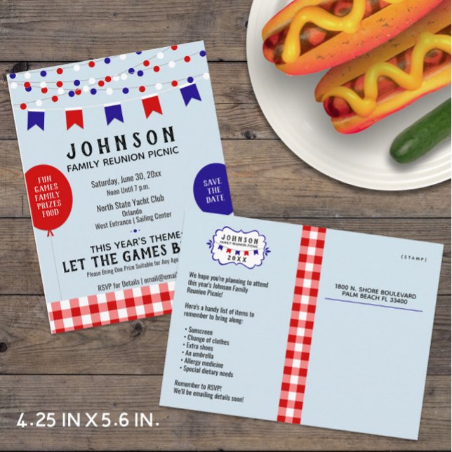 Picnic Party | BBQ • Barbecue • Reunion • Birthday Announcement Postcard (Budget-friendly Summer Event in Red, White, and Blue -- Postcards save postage too! )