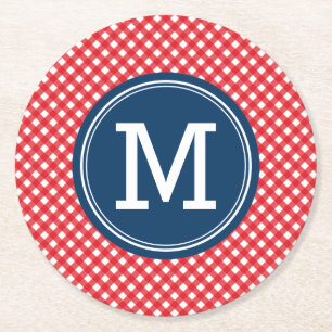 Picnic Red Country Gingham Personalise Monogram Round Paper Coaster