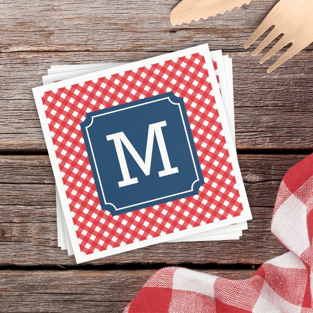 Picnic Red Gingham Personalise Name Monogram Napkin (Creator Uploaded)