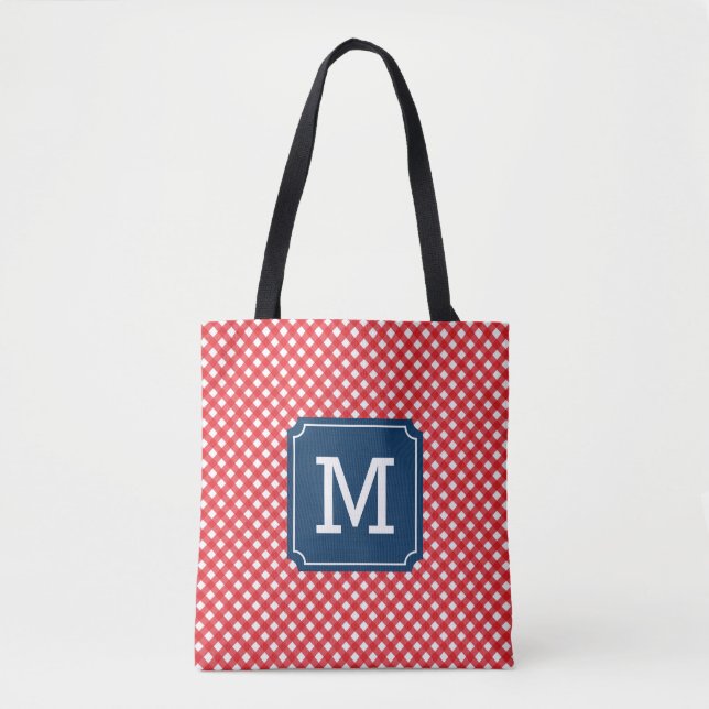 Picnic Red Gingham Personalised Name Monogram Tote Bag (Front)