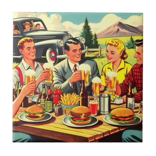 Picnic Retro Comics Ceramic Tile (Front)