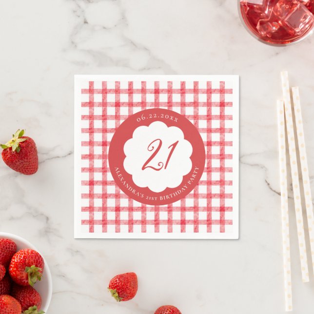 Picnic Summer Spring Red Gingham Scallops Birthday Napkin (Insitu)