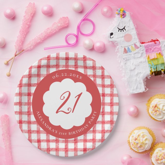 Picnic Summer Spring Red Gingham Scallops Birthday Paper Plate (Party)