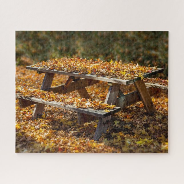 Picnic Table covered with Fall Leaves, Jigsaw Puzzle (Horizontal)