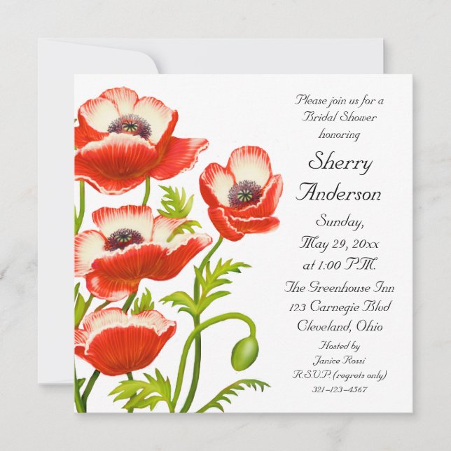 Picotee Red Poppy Flowers Bridal Shower Invitation (Front)