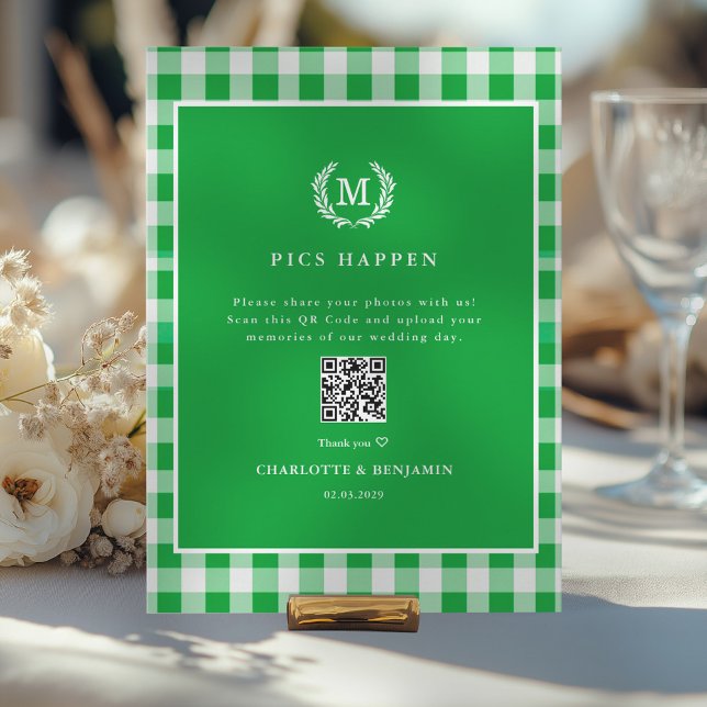 PICS HAPPEN!QR Code Green Gingham Wedding Gallery (PICS HAPPEN!Custom QR Code Green Gingham Wedding Gallery. Easy to edit, with our QR Code Generator.)