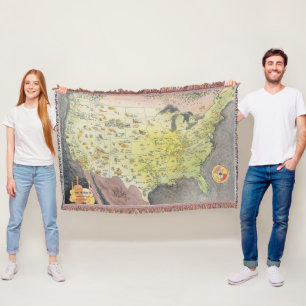 Pictorial Map of America - Cartoon Sketches Throw Blanket