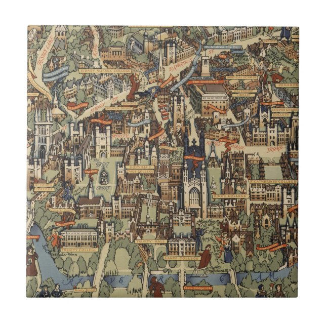Pictorial Map of Cambridge, England Ceramic Tile (Front)