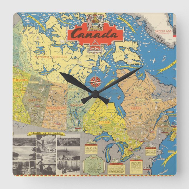 Pictorial Map of Canada - Landmarks Square Wall Clock (Front)