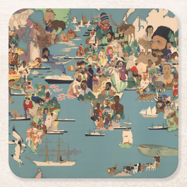 Pictorial Map of the World Square Paper Coaster (Front)