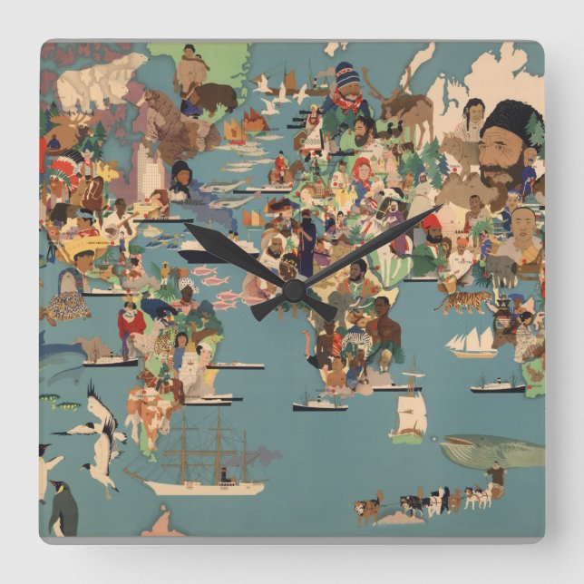 Pictorial Map of the World Square Wall Clock (Front)