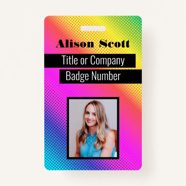Picture ID Bright Neon Modern Rainbow Business Bad ID Badge (Front)