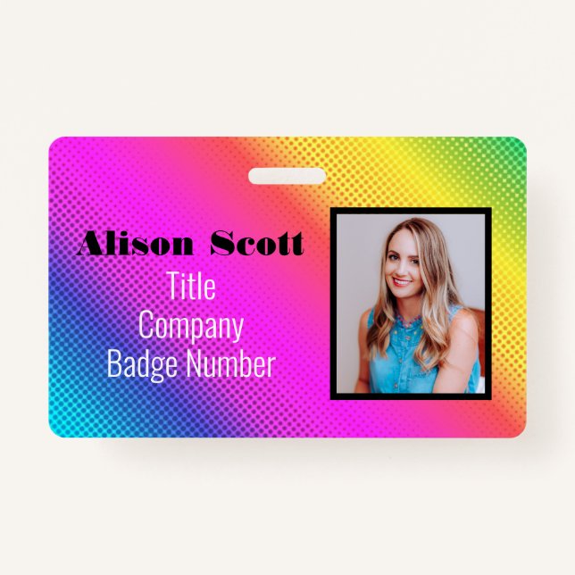 Picture ID Bright Neon Modern Rainbow Business ID Badge (Front)