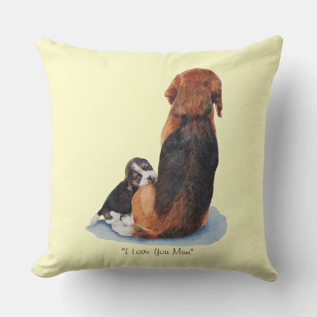 picture of cute beagle puppy cuddling mum dog cushion (Front)