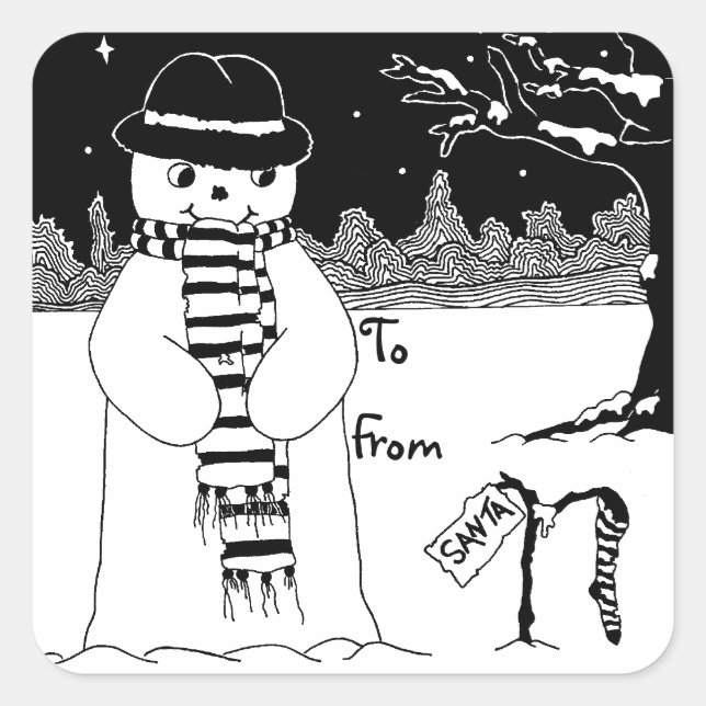 picture of cute snow man in black and white square sticker (Front)