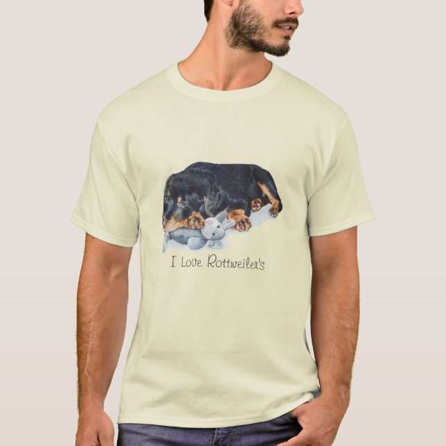 picture of puppy cuddling teddy rottweiler dog T-Shirt (Front)