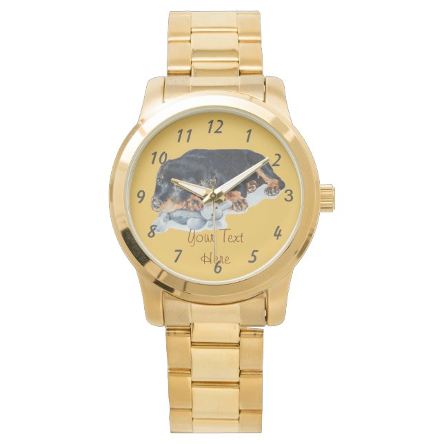 picture of puppy cuddling teddy rottweiler dog watch (Front)