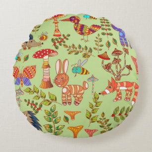 Picture of the forest life. Flora and fauna. Vinta Round Cushion