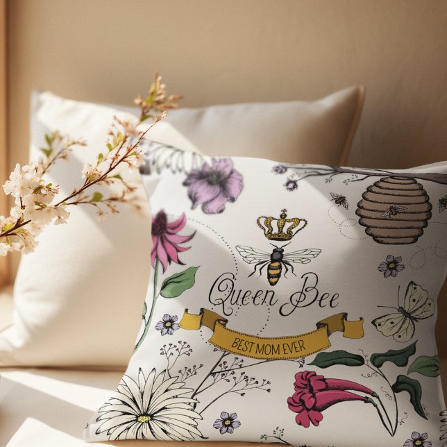 Picture with Best Mum Ever Queen Bee & Crown  Cushion (Royal Queen Bee Drawing with Personalized Message in Scroll on the Front. Photo & Message on Back. )