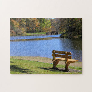 Picturesque Colorful Fall Twin Lakes Park Bench Jigsaw Puzzle