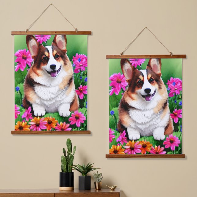 Picturesque Floral Corgi  Hanging Tapestry (Asymmetrical)