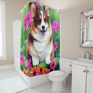 Picturesque Floral Corgi Shower Curtain