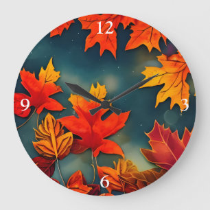 Picturesque Rustic Autumn Maple Leaves Large Clock
