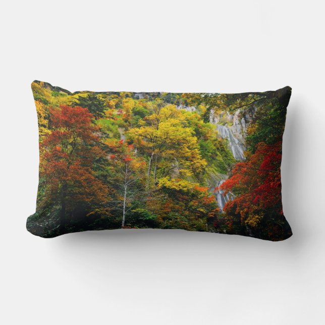 Picturesque View of Fall Hagoromo Falls Hokkaido   Lumbar Cushion (Front)