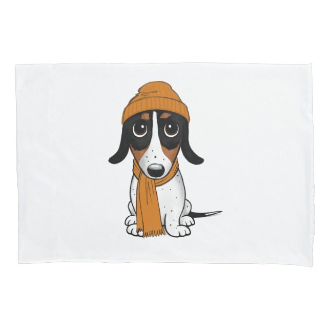 Piebald Dachshund | Cute Cartoon Dog with Hat Pillowcase (Front)