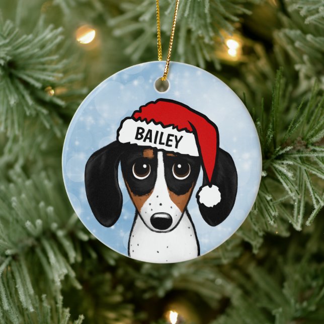 Piebald Dachshund Santa Wiener Dog Custom Name Ceramic Ornament (Tree)