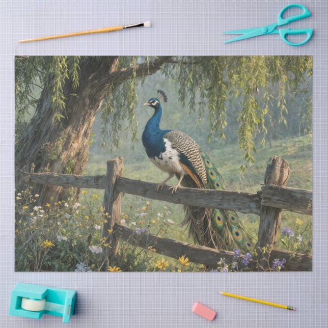 Piebald Peacock on Split rail fence Tissue Paper (Craft)