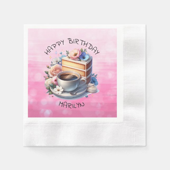 Piece of Birthday Cake, Cup of Coffee and Flowers Napkin (Front)