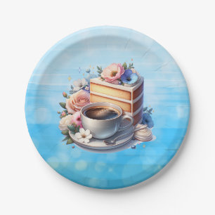 Piece of Cake, Cup of Coffee and Flowers Paper Plate