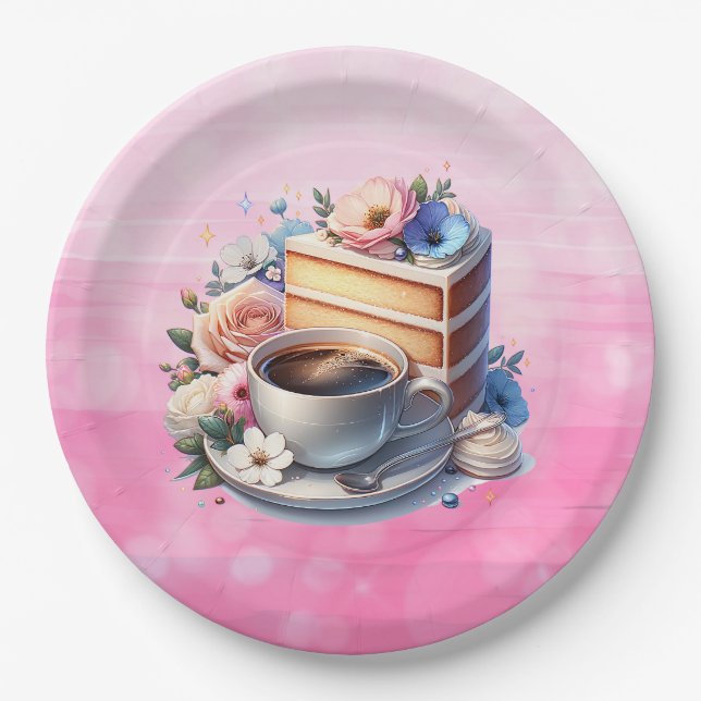Piece of Cake, Cup of Coffee and Flowers Paper Plate (Front)