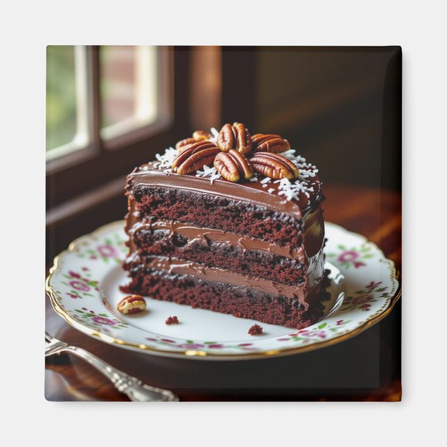 Piece of Chocolate Cake on a Fancy Plate Magnet (Front)